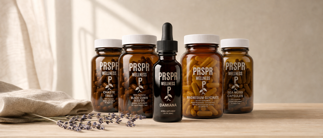 PRSPR Chaste Tree capsules beside the other bottles in the Menopause and Perimenopause Bundle on an oak surface