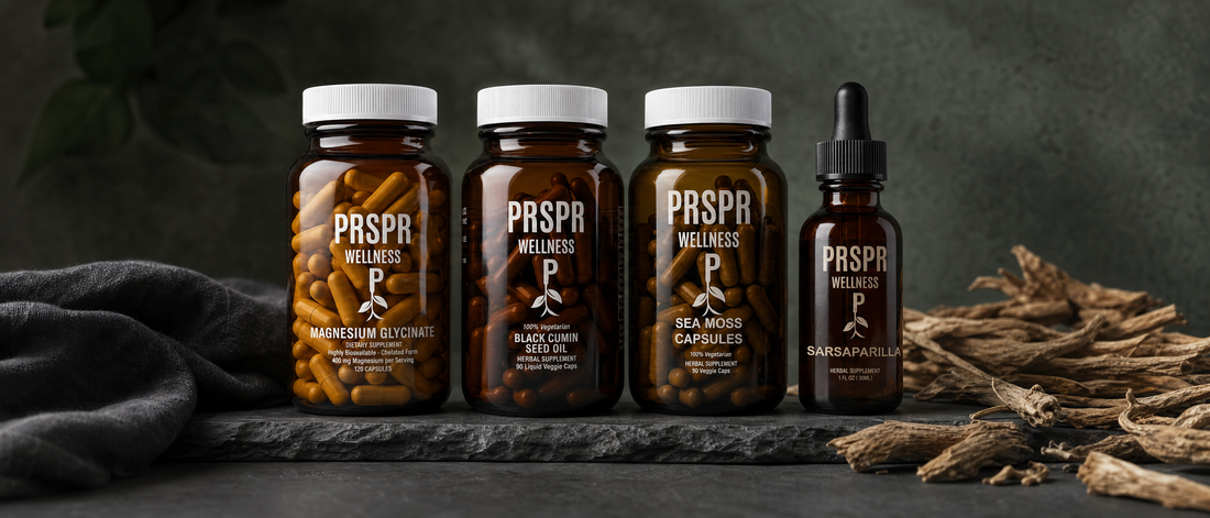PRSPR Magnesium Glycinate, Black Cumin Seed Oil, Sea Moss Capsules and Sarsaparilla bottles on slate beside dried sarsaparilla root