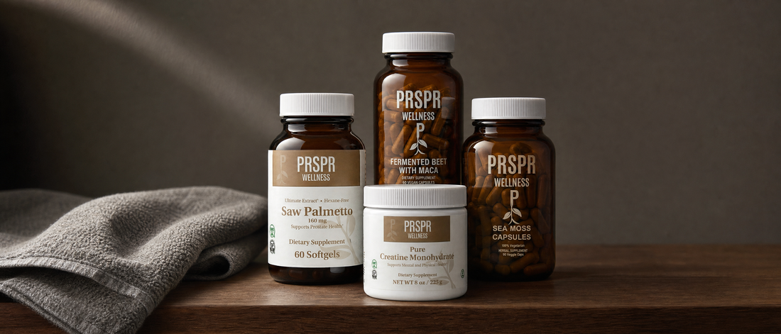 PRSPR Saw Palmetto, Fermented Beet with Maca, Pure Creatine Monohydrate and Sea Moss Capsules on a walnut surface