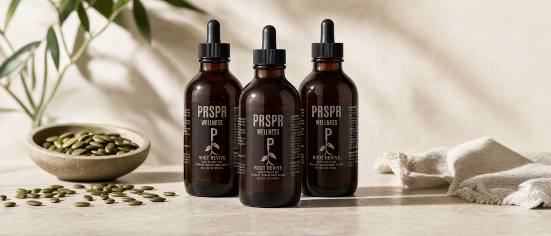 Three PRSPR Root Revive hair vitality oil bottles on a stone counter beside a dish of raw green pumpkin seeds