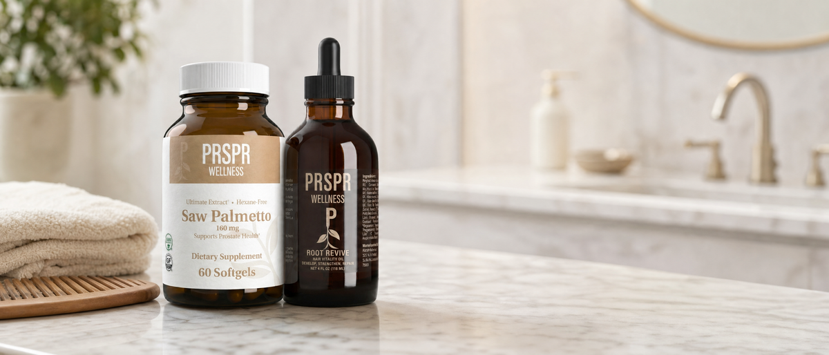 PRSPR Wellness Hair Harmony Kit hair oil bottle and saw palmetto capsules on a marble vanity
