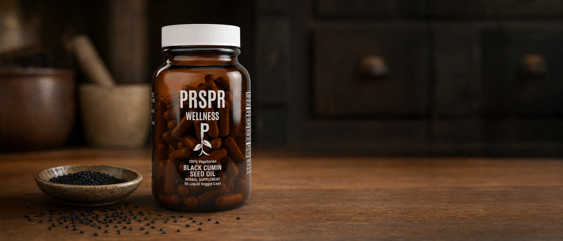 PRSPR Wellness Black Cumin Seed Oil capsule bottle on a walnut table beside scattered black seeds
