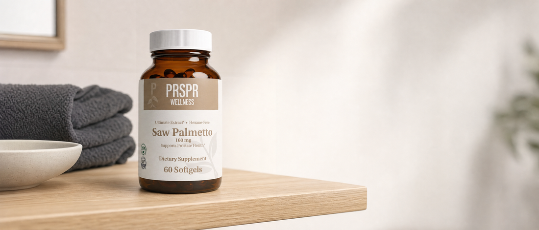 PRSPR Wellness Saw Palmetto capsule bottle on a light oak bathroom shelf beside a folded towel