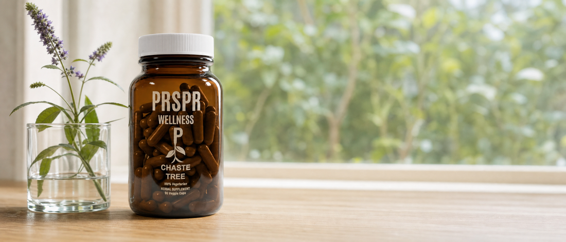 PRSPR Wellness Chaste Tree supplement bottle on a wooden table beside purple flower spikes