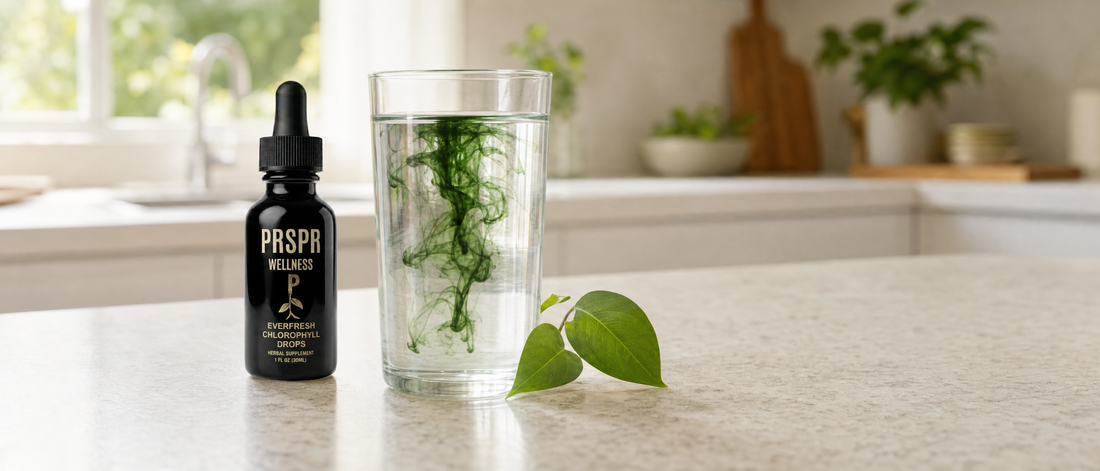PRSPR Wellness Everfresh Liquid Chlorophyll dropper bottle beside a glass of water with green swirling through it