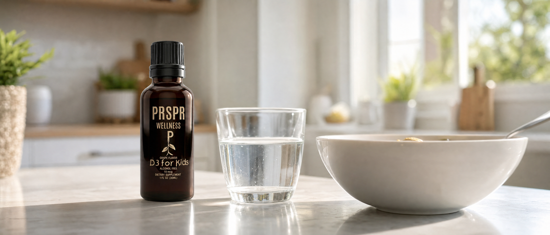 PRSPR Wellness Children's Liquid Vitamin D3 dropper bottle on a bright kitchen table beside a glass of water