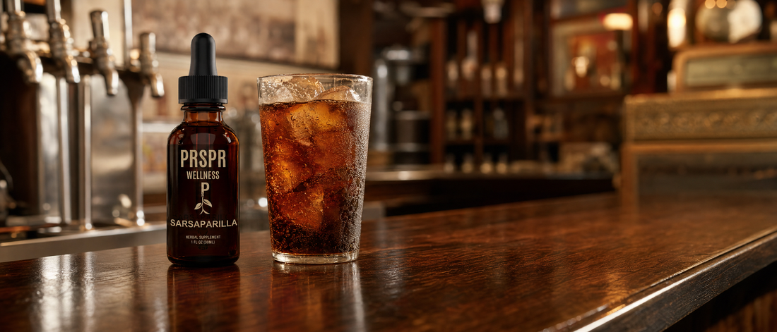 PRSPR Wellness Sarsaparilla root supplement bottle on a dark wooden bar top beside a glass of amber soda