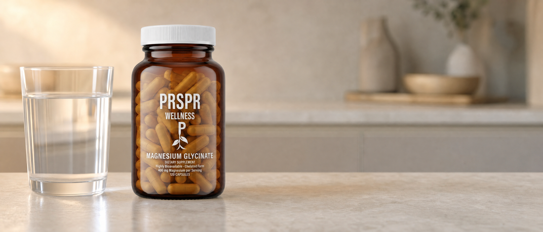 PRSPR Wellness Magnesium Glycinate container on a stone kitchen counter beside a glass of water