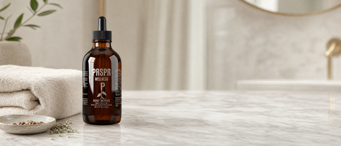 PRSPR Wellness Root Revive hair growth oil bottle on a marble vanity beside a folded towel and botanical sprigs
