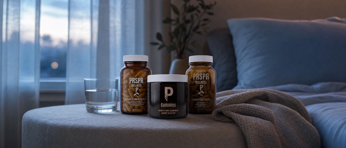 PRSPR Sleep and Recovery Stack products on a linen nightstand in early morning light