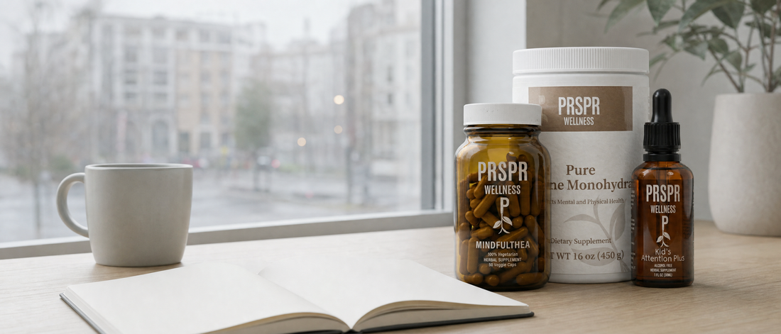 PRSPR Energy and Focus Stack products on an oak desk beside a window on a foggy morning