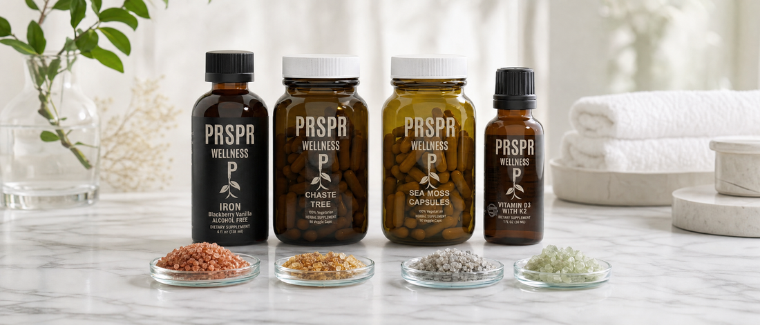 PRSPR Pre and Post Natal Bundle on a marble counter beside dishes of mineral powders