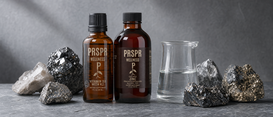 PRSPR Adult Immunity Bundle on slate beside raw mineral specimens and a glass beaker