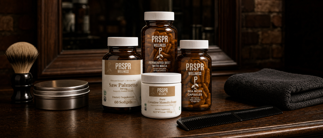 PRSPR Men's Vitality Bundle on a walnut barber counter beside a comb and shaving brush