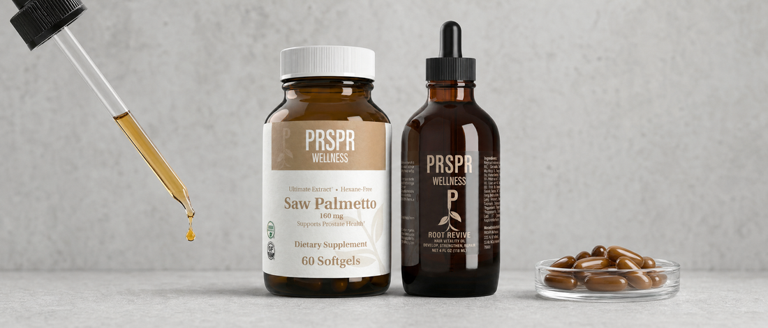 PRSPR Hair Harmony Kit on concrete between an oil dropper and a dish of capsules