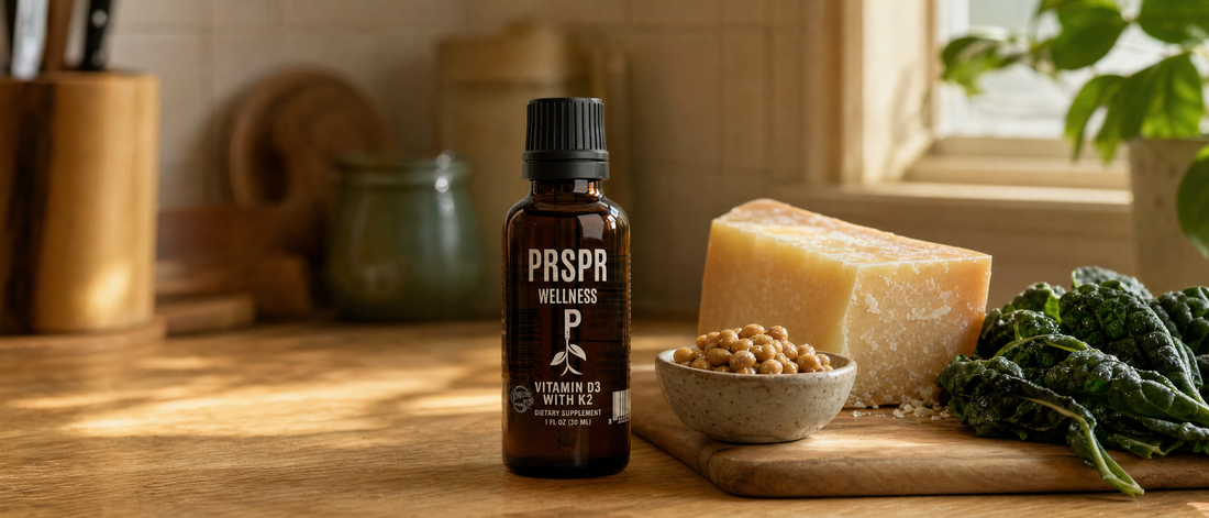 PRSPR Vitamin D3 plus K2 bottle on an oak counter beside aged cheese and fermented soybeans