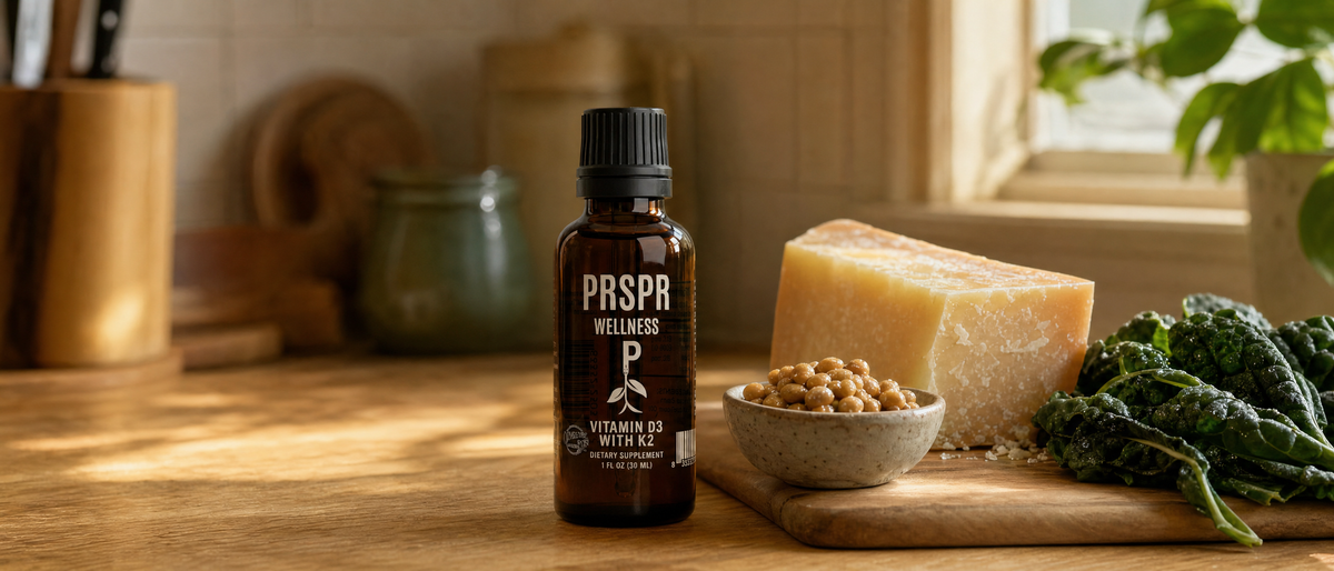 PRSPR Vitamin D3 plus K2 bottle on an oak counter beside aged cheese and fermented soybeans