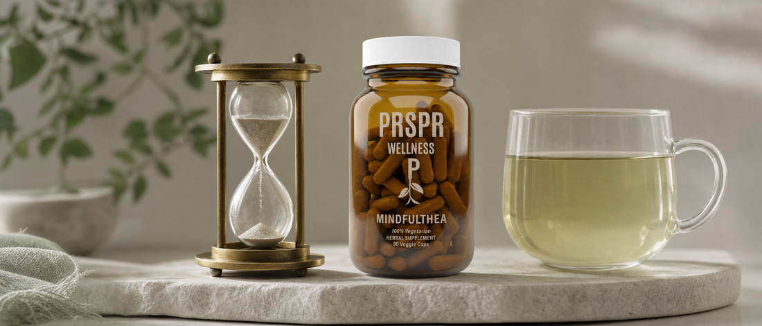 PRSPR MindfulThea bottle on pale stone beside a brass hourglass and a glass of green tea