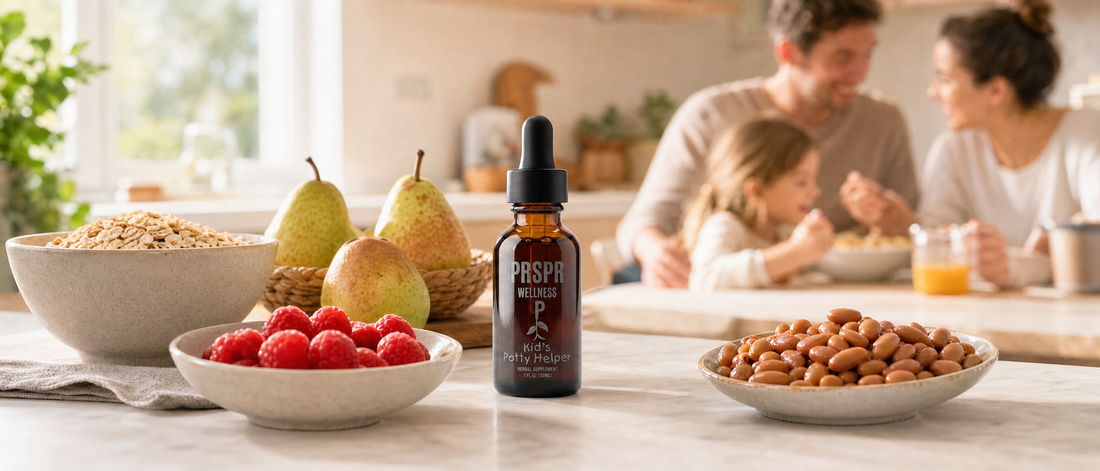 PRSPR Kids Potty Helper on a kitchen table beside bowls of raspberries oats and pears