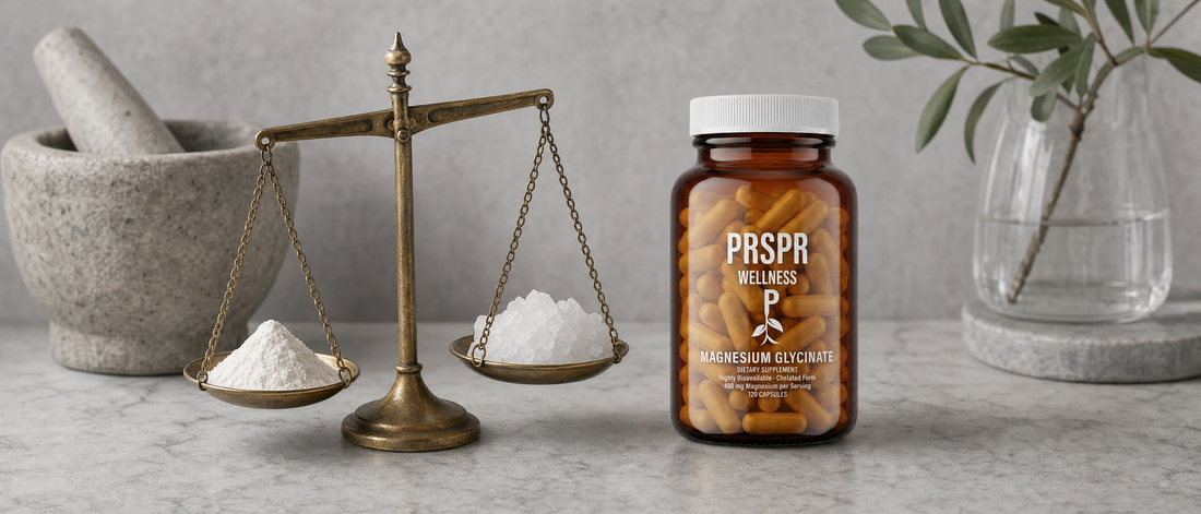 PRSPR Magnesium Glycinate bottle on stone beside an antique brass balance scale