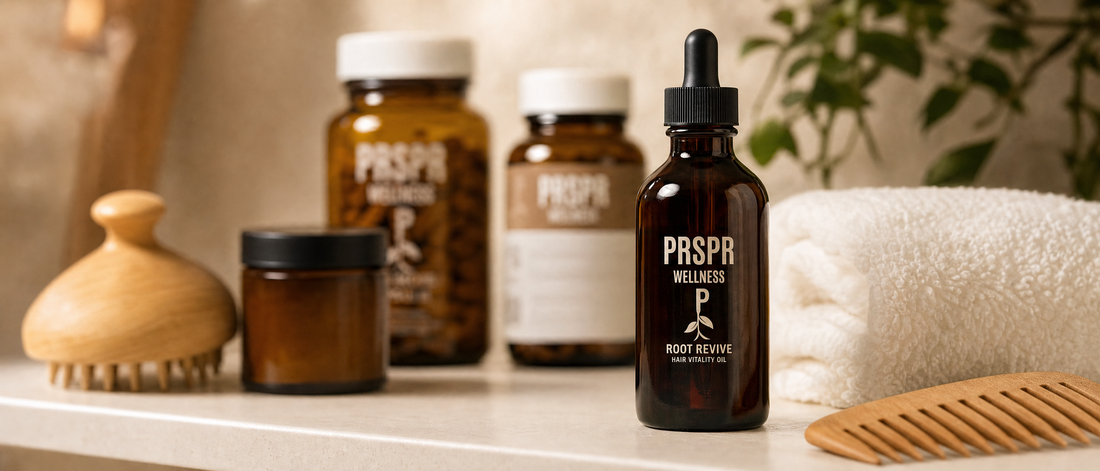 PRSPR Hair Renewal Protocol products on a bathroom shelf beside a scalp brush and comb