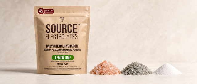 PRSPR Wellness Source Electrolytes pouch beside piles of Himalayan pink salt, grey sea salt, and white table salt
