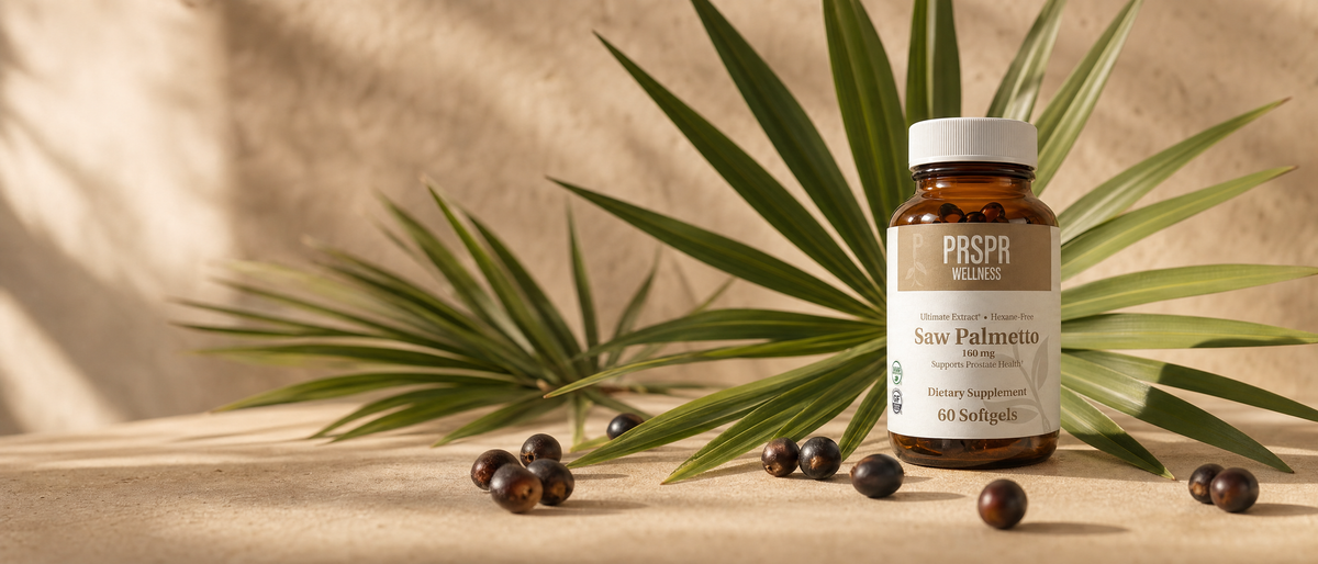 PRSPR Wellness Saw Palmetto bottle on warm sand-toned stone beside green fan-palm fronds and dark ripe palmetto berries