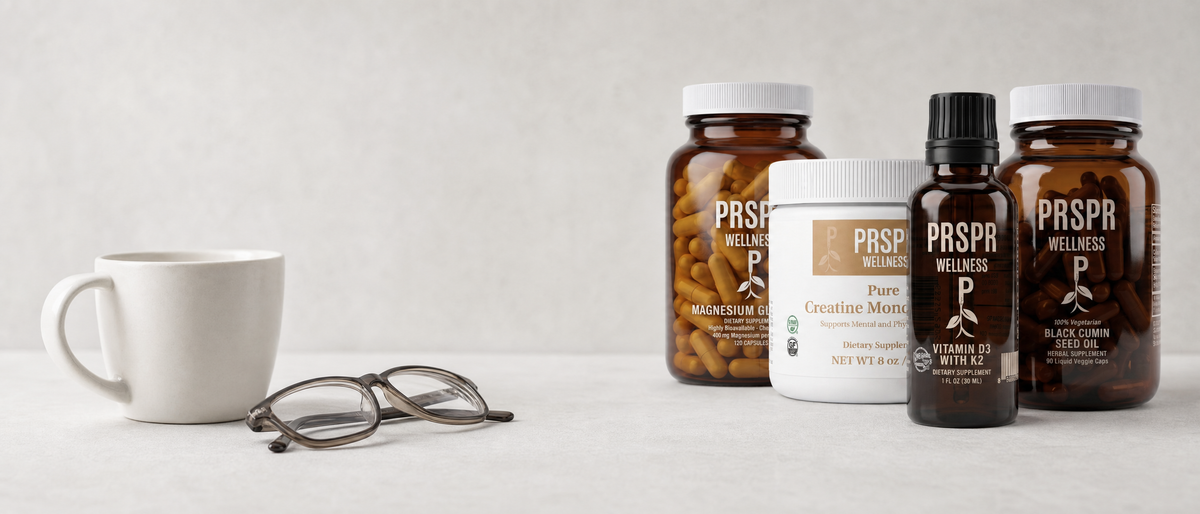 PRSPR Wellness Essentials Bundle on pale grey paper with generous empty space, a white ceramic cup and folded reading glasses