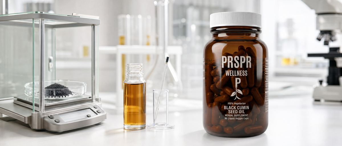 PRSPR Wellness Black Seed Oil bottle on a white laboratory bench beside a balance dish of black seeds and a glass vial of oil