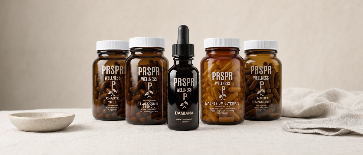 PRSPR Wellness Menopause and Perimenopause Bundle bottles arranged on a pale linen surface