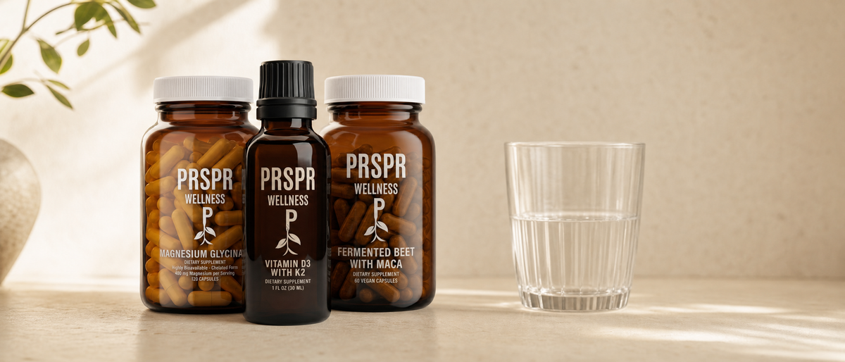 PRSPR Wellness Wellness Foundation Stack of three supplement bottles on a warm kitchen counter