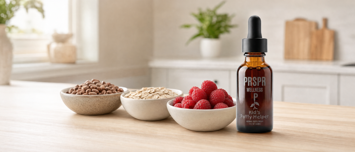 PRSPR Wellness Kids Potty Helper bottle on a kitchen table beside bowls of beans, oats and berries