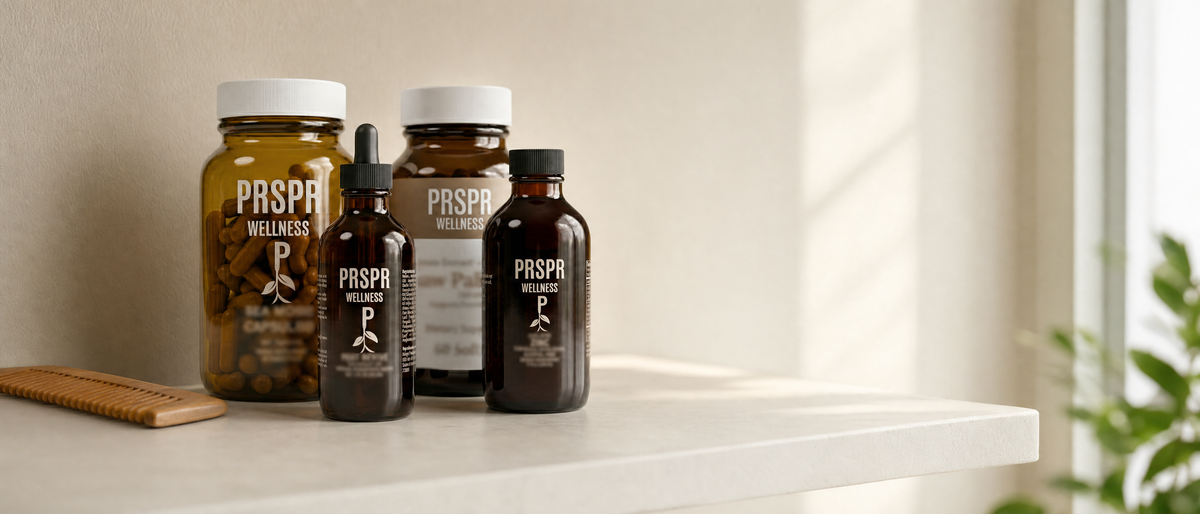 PRSPR Wellness Hair Renewal Protocol bottles and oil dropper on a bathroom shelf