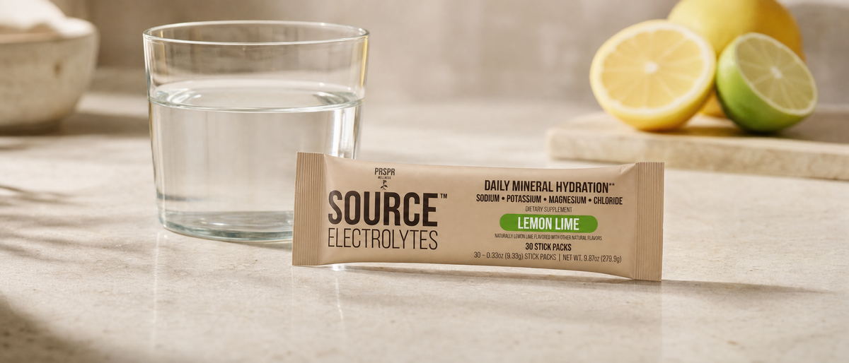 PRSPR Wellness Source Electrolytes Lemon Lime stick pack beside a glass of water and halved lemons and limes