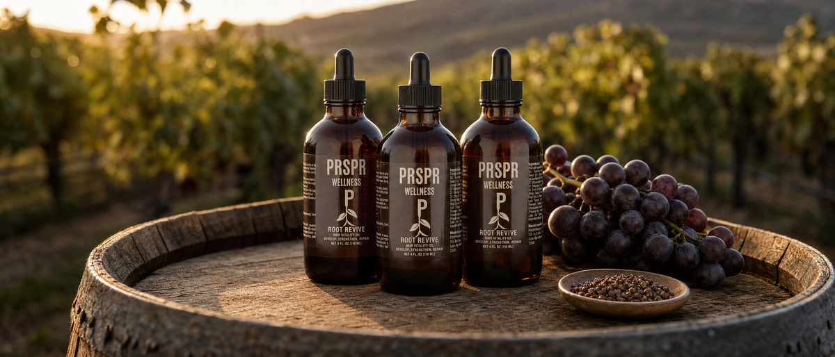 Three PRSPR Wellness Root Revive hair oil bottles on a wine barrel beside dark grapes and a dish of grape seeds