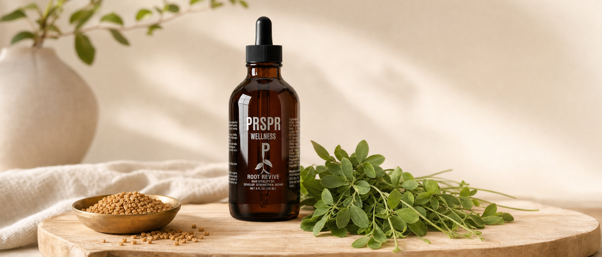PRSPR Wellness Root Revive hair oil bottle beside a brass dish of fenugreek seeds and fresh fenugreek leaves