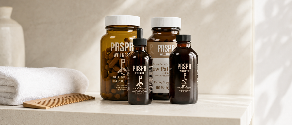 PRSPR Wellness Hair Renewal Protocol products on a bathroom shelf with a wooden comb and a folded towel
