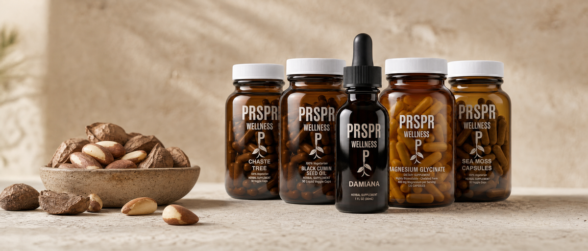 PRSPR Wellness Menopause and Perimenopause Bundle bottles beside a bowl of Brazil nuts