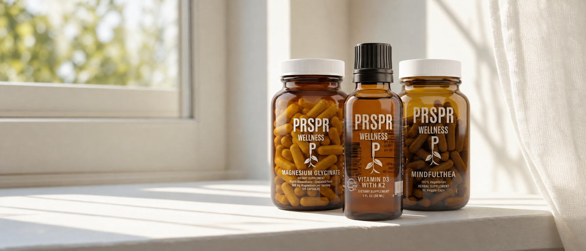 PRSPR Wellness Magnesium Glycinate, Vitamin D3 with K2 and MindfulThea bottles on a sunlit windowsill