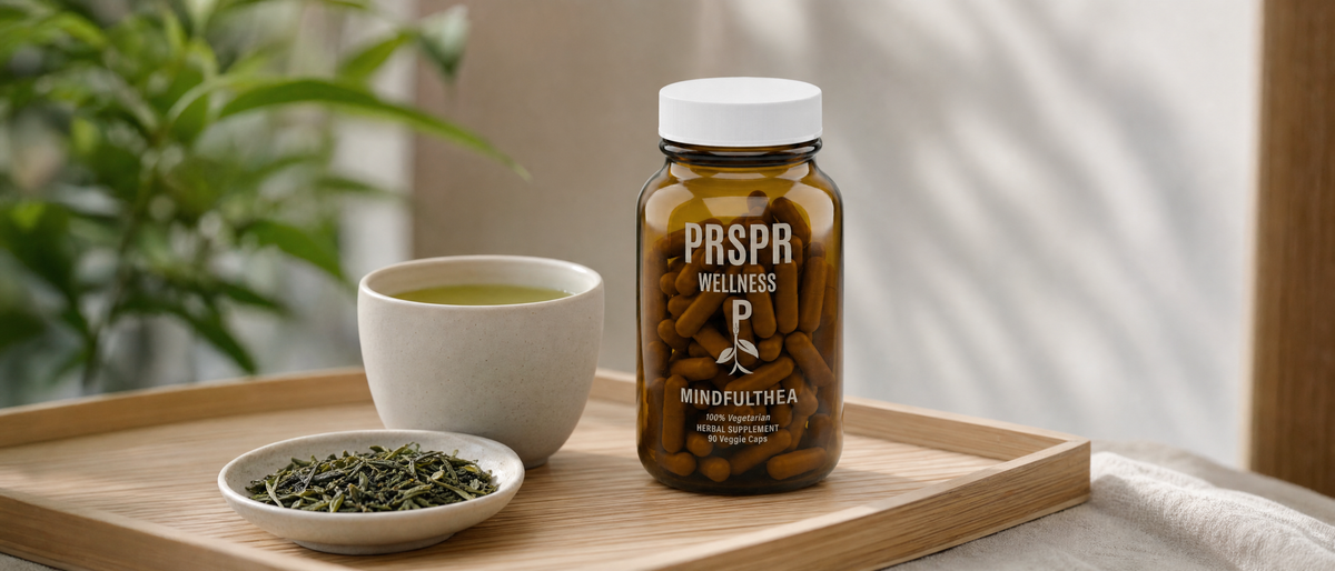 PRSPR Wellness MindfulThea bottle on a tray beside a cup of green tea and loose green tea leaves
