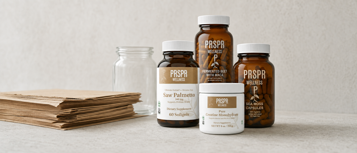 PRSPR Wellness Men's Vitality Bundle products beside a stack of brown kraft paper and an empty glass jar