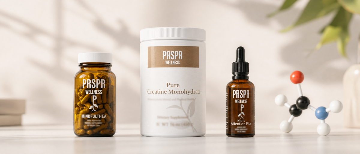 PRSPR Wellness MindfulThea, Pure Creatine Monohydrate and Attention Plus beside a ball and stick molecular model