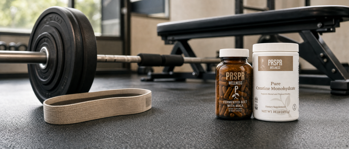 Fermented Beet with Maca bottle and Pure Creatine Monohydrate tub on a gym floor beside a barbell, resistance band and bench