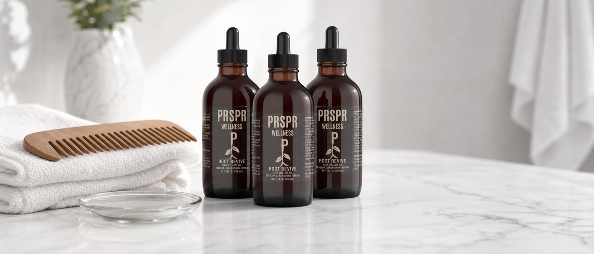 Three Root Revive hair oil bottles on a white marble bathroom vanity beside a folded towel, a wooden comb and a small glass dish