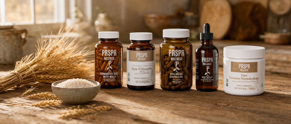Men's Vitality Bundle products on a farmhouse table beside golden wheat stalks, barley and a bowl of uncooked rice
