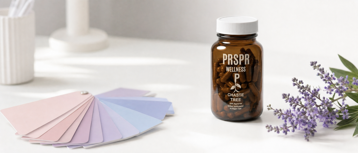 PRSPR Chaste Tree jar on a white desk beside a fan of blank color swatch cards and a sprig of lilac chaste tree flowers