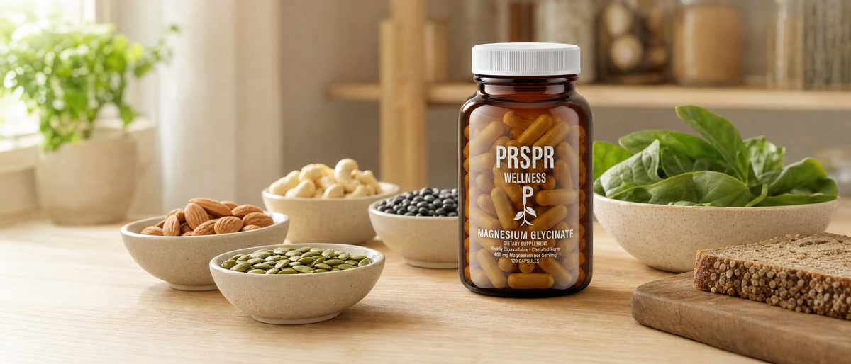 PRSPR Magnesium Glycinate jar among bowls of foods rich in magnesium: pumpkin seeds, almonds, cashews, black beans and spinach
