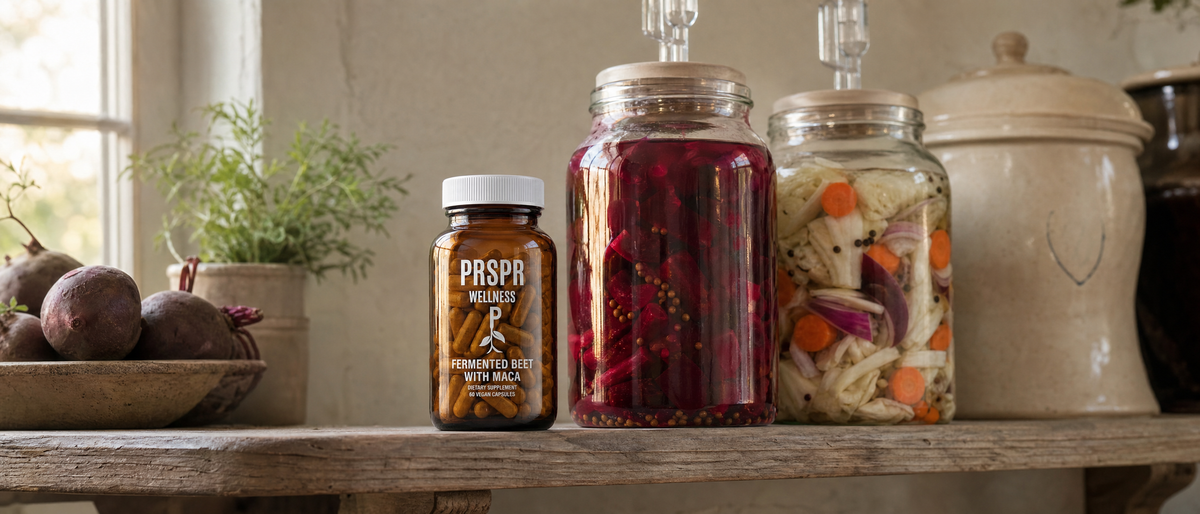 PRSPR Fermented Beet With Maca jar on a kitchen shelf beside fermentation jars of beets and vegetables in brine and a stoneware crock