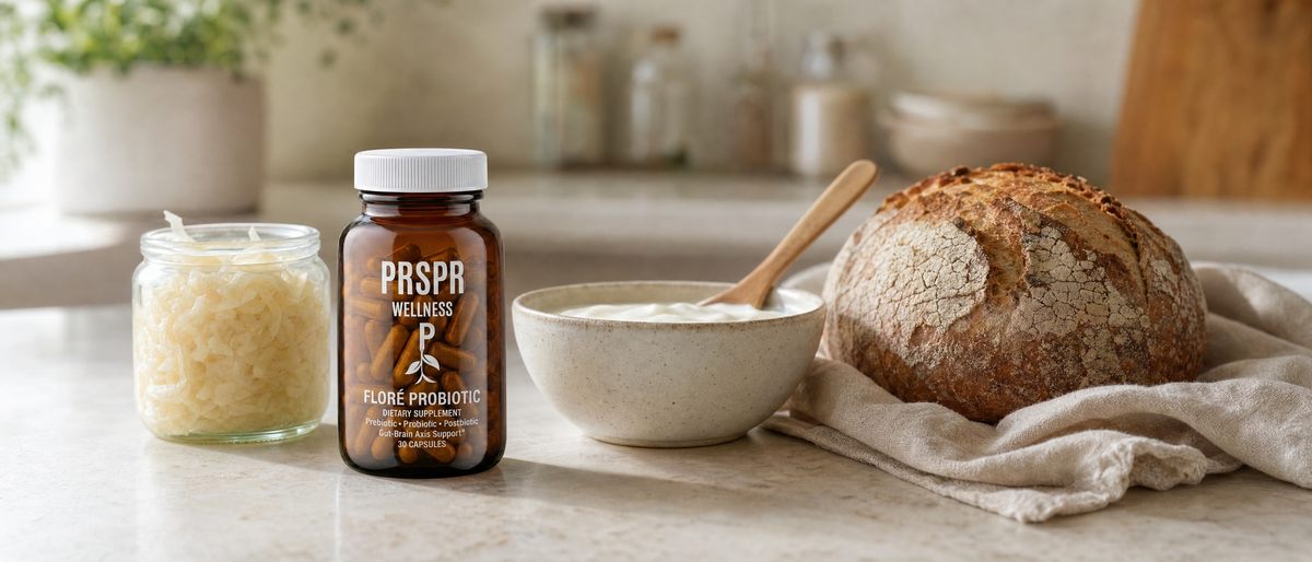 PRSPR FLORÉ Probiotic capsule jar on a kitchen counter beside a jar of sauerkraut, a bowl of yogurt and a loaf of sourdough bread