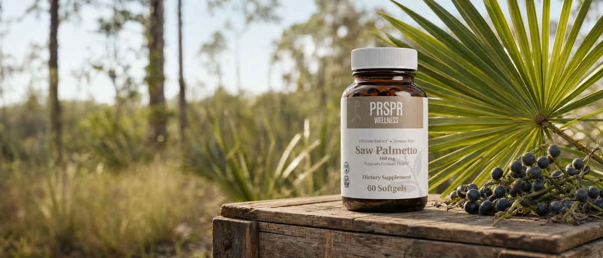 PRSPR Saw Palmetto bottle on a wooden crate beside saw palmetto fronds and a cluster of dark saw palmetto berries in Florida flatwoods
